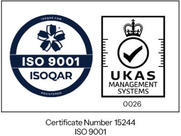 ISO 9001 Registered, UKAS Management Systems 0026, Certificate Number 15244, ISO 9001